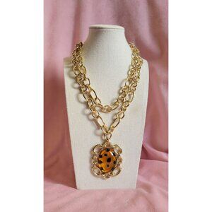 Gold Tone Bulky 2 Strand Chain Cheetah Print Oval Pedant Necklace N1F